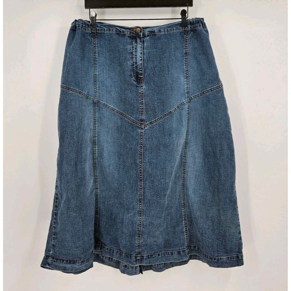 Denim 24/7 Womens Sz 26W Midi Skirt Stretch Denim Back Button Split Zip Waist